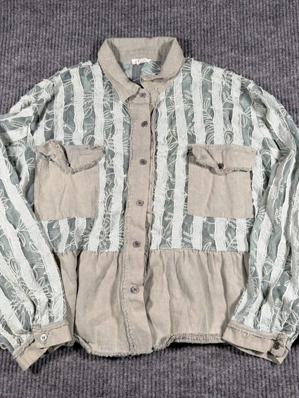 POL Sage Green Denim and Sheer Lace Oversized Button Down Women's Small